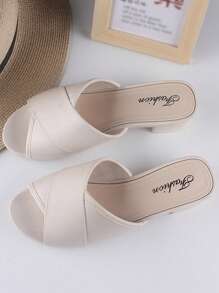 Fashionable Plastic Criss-Cross Strap Thick-Heeled Slides, Suitable For Indoor And Outdoor Use