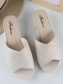 Fashionable Plastic Criss-Cross Strap Thick-Heeled Slides, Suitable For Indoor And Outdoor Use