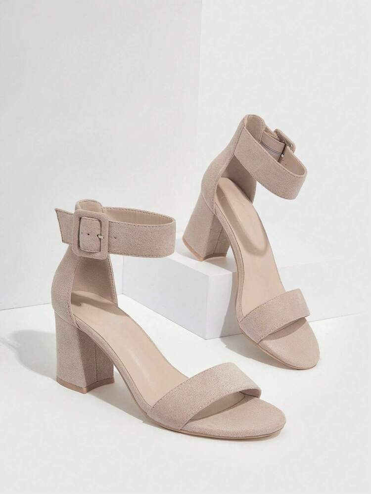 CUCCOO BIZCHIC Woman Shoes Buckle Decor Chunky Heeled Elegant Beige Faux Suede Ankle Strap Sandals For Summer Graduation Heels Prom Heels Vacation Shoes Summer Back To School Shoes College Student Shoes Elegant Basics Business Casual Business Chic Spring Shoes Spring Break Easter For Christmas Spring Shoes