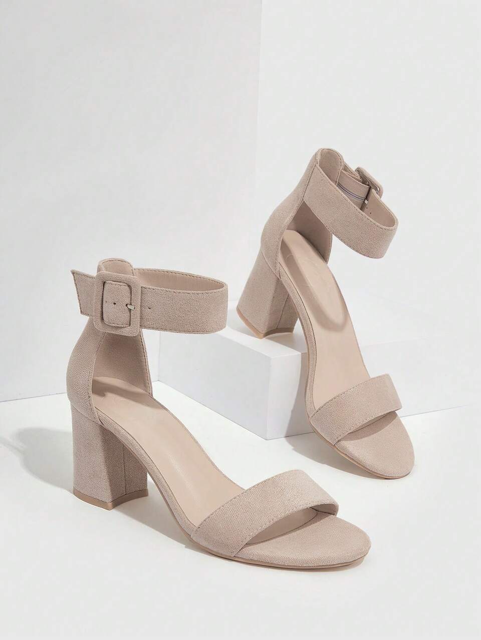 CUCCOO BIZCHIC Woman Shoes Buckle Decor Chunky Heeled Elegant Beige Faux Suede Ankle Strap Sandals For Summer Graduation Heels Prom Heels Vacation Shoes Summer Back To School Shoes College Student Shoes Elegant Basics Business Casual Business Chic Spring Shoes Spring Break Easter For Christmas Spring Shoes Summer Shoes