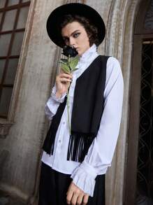 ROMWE MEN Goth Guys Fringe Hem Vest Jacket Without Shirt - Black - View 1