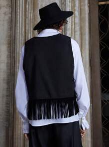 ROMWE MEN Goth Guys Fringe Hem Vest Jacket Without Shirt - Black - View 2