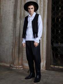 ROMWE MEN Goth Guys Fringe Hem Vest Jacket Without Shirt - Black - View 3