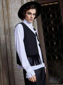 ROMWE MEN Goth Guys Fringe Hem Vest Jacket Without Shirt - Black - View 4