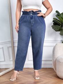 SHEIN Essnce Quần Denim kích thước lớn Túi Dây kéo Quần paper-bag màu trơn - Rửa tối - Xem 1