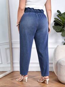 SHEIN Essnce Quần Denim kích thước lớn Túi Dây kéo Quần paper-bag màu trơn - Rửa tối - Xem 2