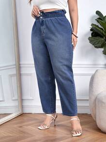 SHEIN Essnce Quần Denim kích thước lớn Túi Dây kéo Quần paper-bag màu trơn - Rửa tối - Xem 3