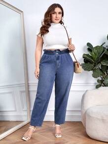 SHEIN Essnce Quần Denim kích thước lớn Túi Dây kéo Quần paper-bag màu trơn - Rửa tối - Xem 4