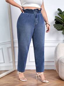 SHEIN Essnce Quần Denim kích thước lớn Túi Dây kéo Quần paper-bag màu trơn - Rửa tối - Xem 5
