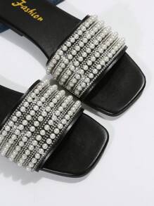 女士时尚跨境大码珍珠设计平底沙滩拖鞋，2024新款夏季百搭休闲平底凉鞋，防滑露趾沙滩度假休闲散步拖鞋 - 黑色 - 查看 3