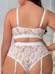 Plus Floral Lace Garter Lingerie Set - White - View 2