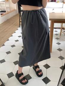 DAZY Drawstring Waist Flap Pocket Side Cargo Skirt - Grey - View 2