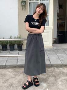 DAZY Drawstring Waist Flap Pocket Side Cargo Skirt - Grey - View 4