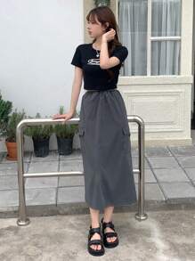 DAZY Drawstring Waist Flap Pocket Side Cargo Skirt - Grey - View 5