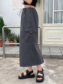 DAZY Drawstring Waist Flap Pocket Side Cargo Skirt - Grey - View 7