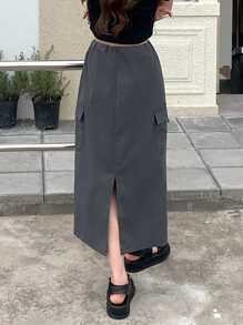 DAZY Drawstring Waist Flap Pocket Side Cargo Skirt - Grey - View 8