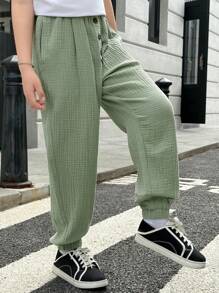 SHEIN Quần Trai Túi Nút phía trước màu trơn Giải trí - Màu xanh Bạc hà - Xem 5