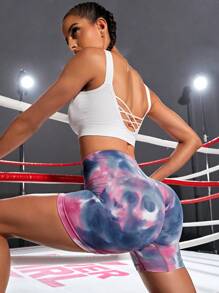 Yoga Trendy 紮染寬腰帶運動短褲 - 彩色 - 查看 4