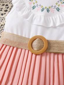 SHEIN Young Girl Flower Print Cute Delicate Ruffle Pleated Dress With Round Neckline For Summer - Multicolor - View 4