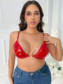 Plus Heart-ring Detail Chain Linked PU Bralet - Red - View 5