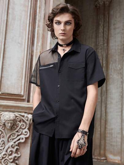 Goth Hombres Camisa con malla en contraste con bolsillo con solapa con botón delantero