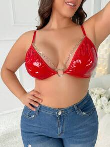Plus Heart-ring Detail Chain Linked PU Bralet - Red - View 3