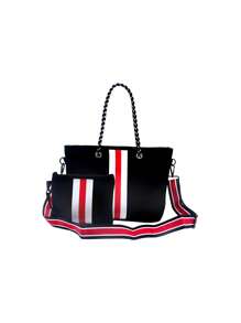 Striped Pattern Shoulder Tote Bag With Square Bag
