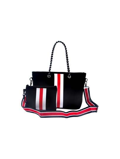Striped Pattern Shoulder Tote Bag With Square Bag