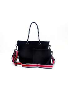 Striped Pattern Shoulder Tote Bag With Square Bag