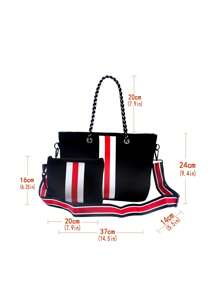 Striped Pattern Shoulder Tote Bag With Square Bag
