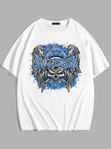 ROMWE MEN Grunge Punk Guys Skull Wings Print Tee - White - View 1