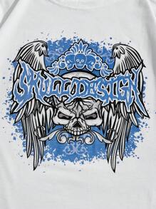 ROMWE MEN Grunge Punk Guys Skull Wings Print Tee - White - View 4