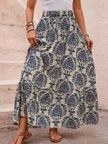 SHEIN VCAY Falda con estampado bajo con fruncido - Albaricoque - Ver 4