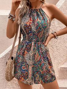 SHEIN VCAY Paisley Print Halter Romper - Multicolor - View 5