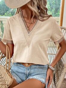 SHEIN LUNE Guipure Lace Panel Blouse - Apricot - View 5