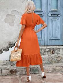 SHEIN Frenchy Đầm Thắt lưng Viên lá sen Trọn gói màu trơn Giải trí - trái cam - Xem 2