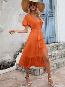 SHEIN Frenchy Đầm Thắt lưng Viên lá sen Trọn gói màu trơn Giải trí - trái cam - Xem 3