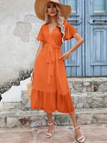 SHEIN Frenchy Đầm Thắt lưng Viên lá sen Trọn gói màu trơn Giải trí - trái cam - Xem 4