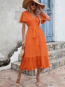 SHEIN Frenchy Đầm Thắt lưng Viên lá sen Trọn gói màu trơn Giải trí - trái cam - Xem 6