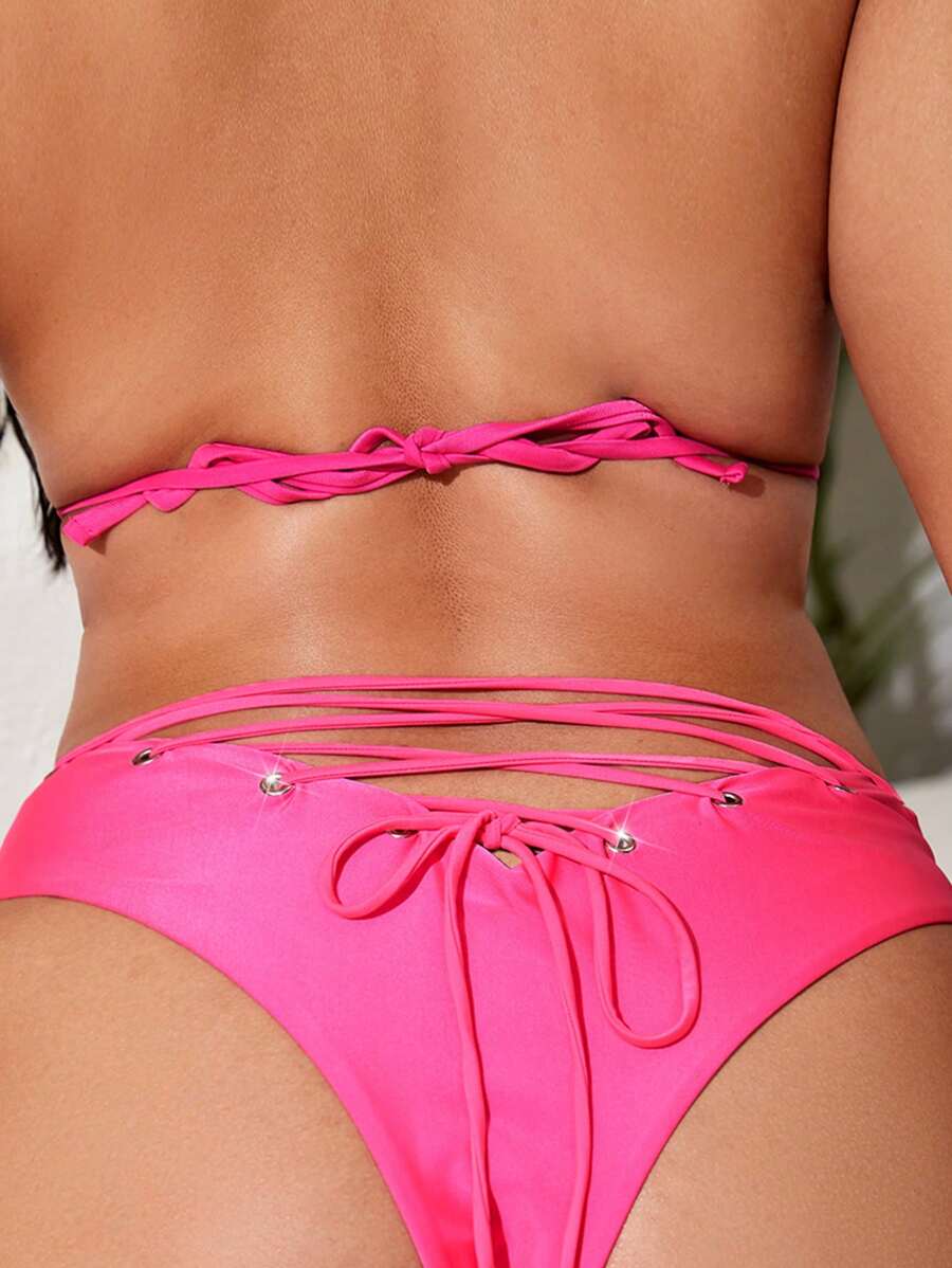 SHEIN Swim Curve 大碼後背繫帶泳衣下裝 - 粉色 - 查看 1