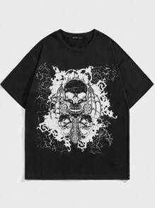 ROMWE MEN Grunge Punk Camiseta Para Hombres Con Estampado De Calavera Y Hombro Caído - Negro - Ver 1