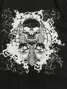 ROMWE MEN Grunge Punk Camiseta Para Hombres Con Estampado De Calavera Y Hombro Caído - Negro - Ver 4