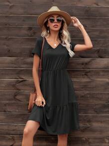 DEARCASE Solid Ruffle Hem A-line Dress - Black - View 1