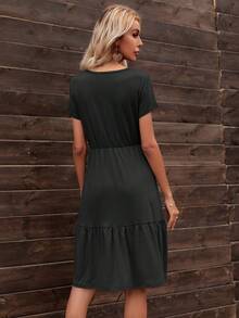 DEARCASE Solid Ruffle Hem A-line Dress - Black - View 2