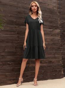 DEARCASE Solid Ruffle Hem A-line Dress - Black - View 3