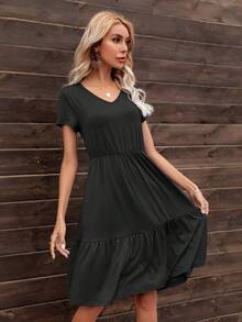 DEARCASE Solid Ruffle Hem A-line Dress - Black - View 5