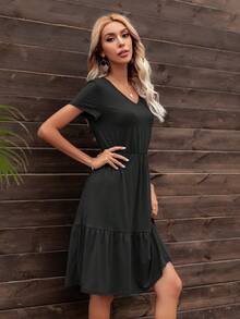 DEARCASE Solid Ruffle Hem A-line Dress - Black - View 6