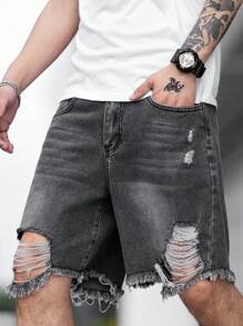 Manfinity EMRG Hombres Shorts en mezclilla algodón desgarro crudo bajo crudo - Gris - Ver 1