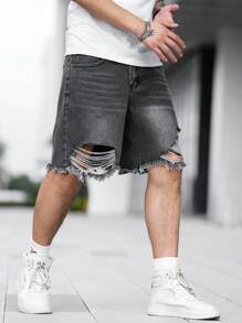 Manfinity EMRG Hombres Shorts en mezclilla algodón desgarro crudo bajo crudo - Gris - Ver 4
