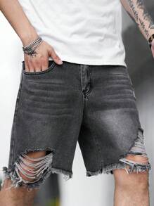 Manfinity EMRG Hombres Shorts en mezclilla algodón desgarro crudo bajo crudo - Gris - Ver 5